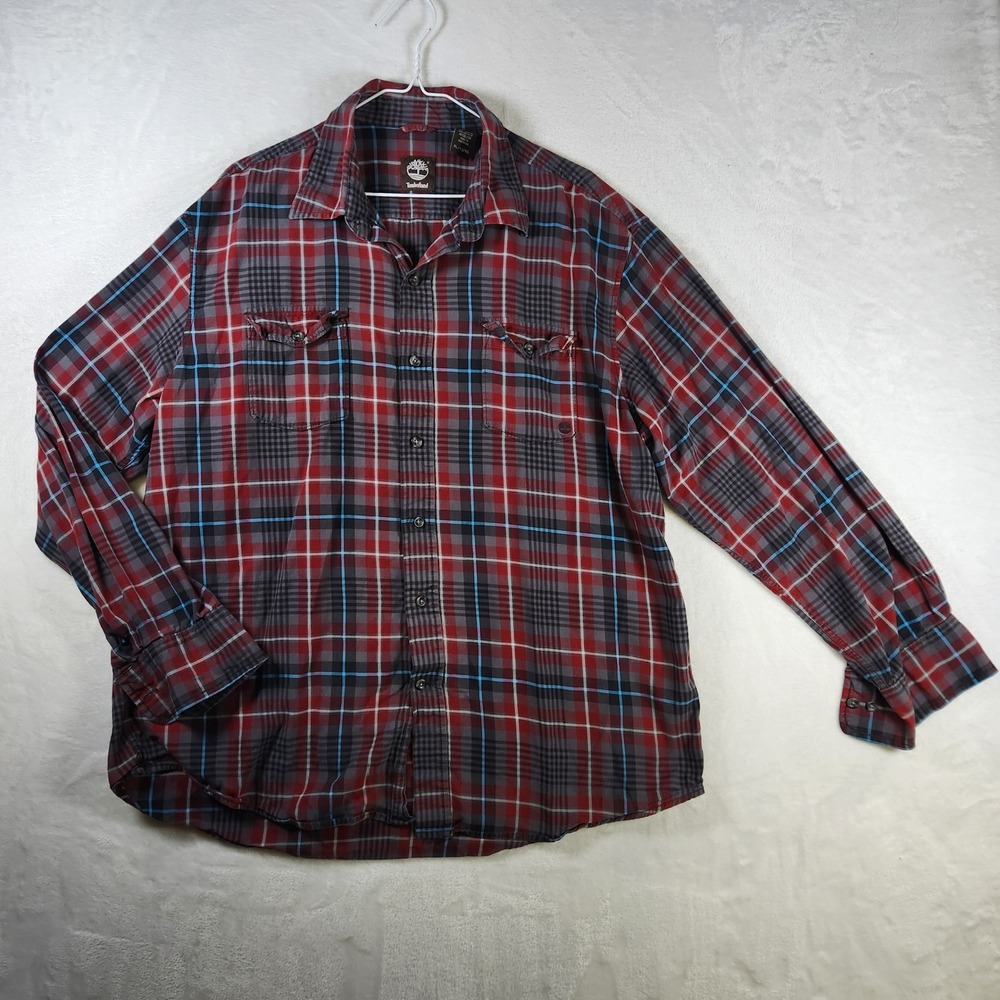Timberland Mens XL Red Gray Plaid Flannel‎ Long Sleeve Button Down Shirt